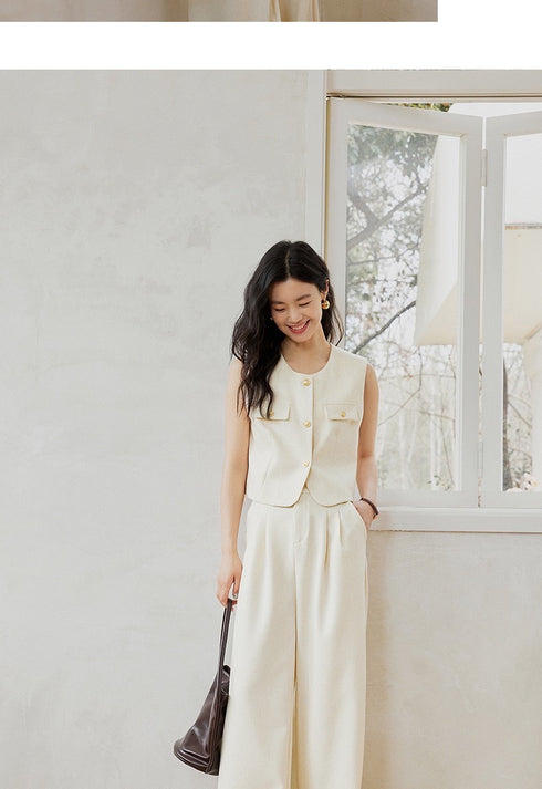 Casual Sleeveless Vest With Wide Trousers  Sets
